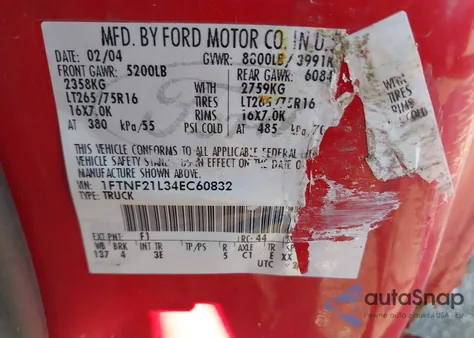 2004 Ford F-250 Xl/Xlt z USA, uszkodzony, nr VIN 1FTNF21L34EC60832